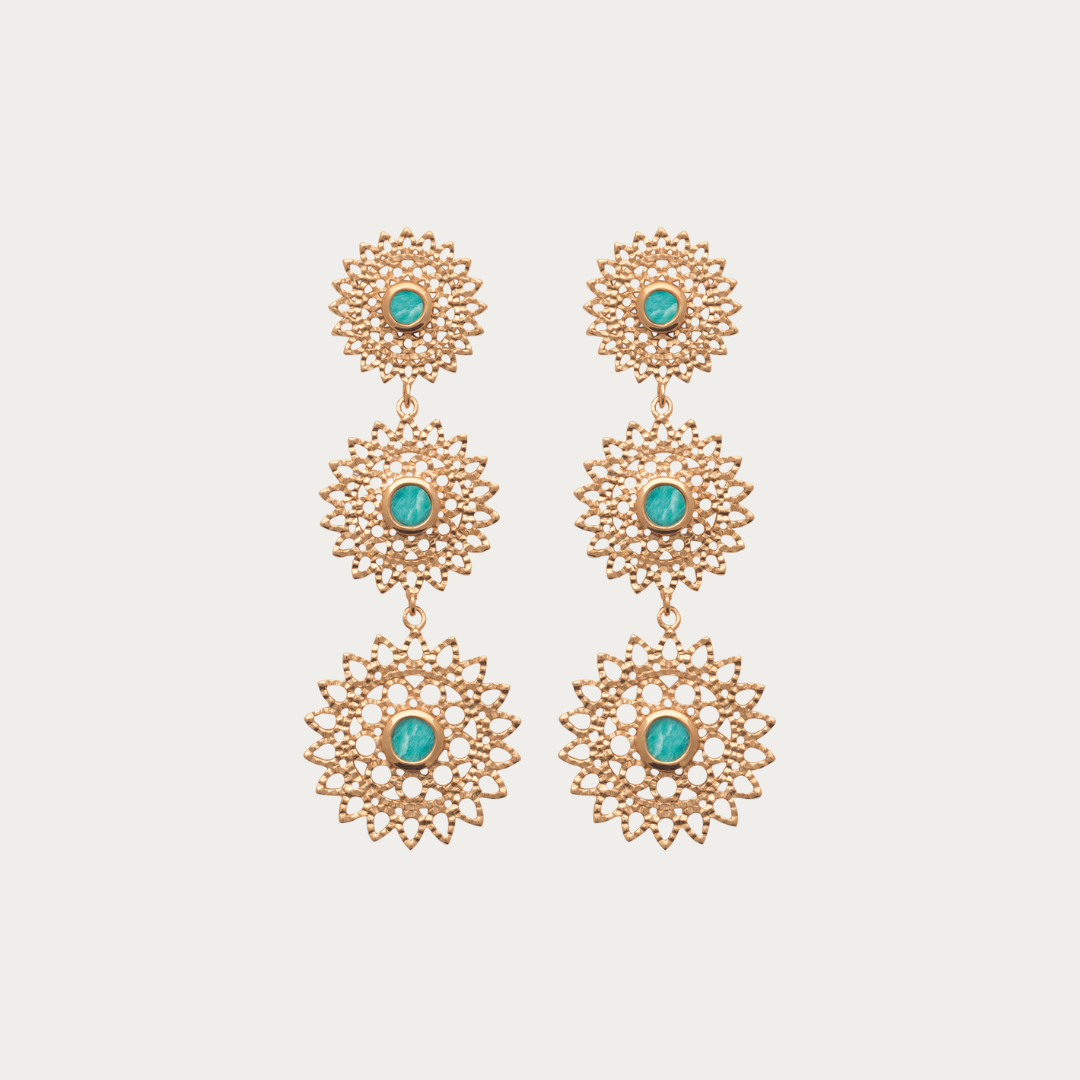 Découvrez cette magnifique paire de boucles d'oreilles pendantes en plaqué or jaune 18 carats sur 3 microns et pierres naturelles Amazonite verte pour sublimer vos tenues.