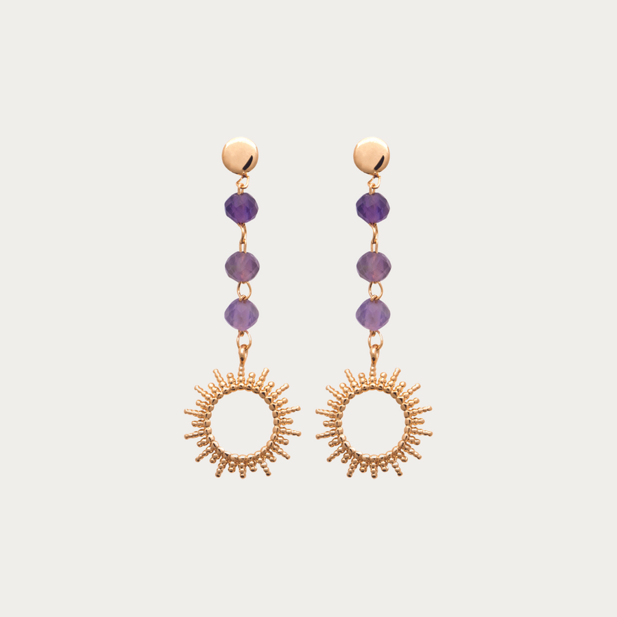 Boucles d'oreilles pendantes Bahia dorées avec Améthyste