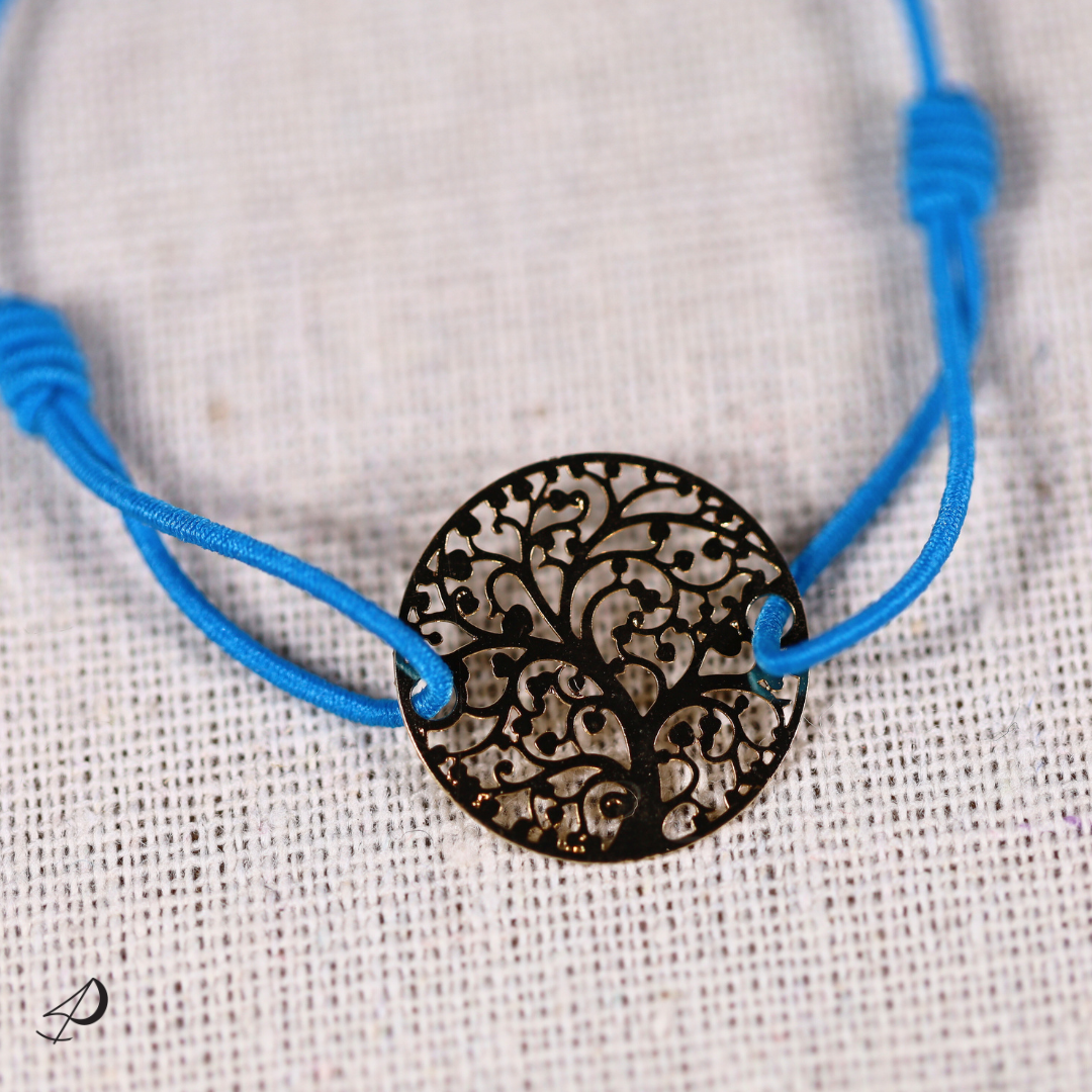 Bracelet élastique Arbre de vie bleu avec pendentif argenté