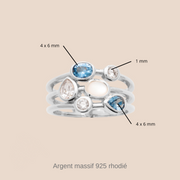 Découvrez toutes les dimensions des pierres zirconiums bleu, blanc et transparent de la bague Balistra pour femme sur notre site en ligne Prendre le large.