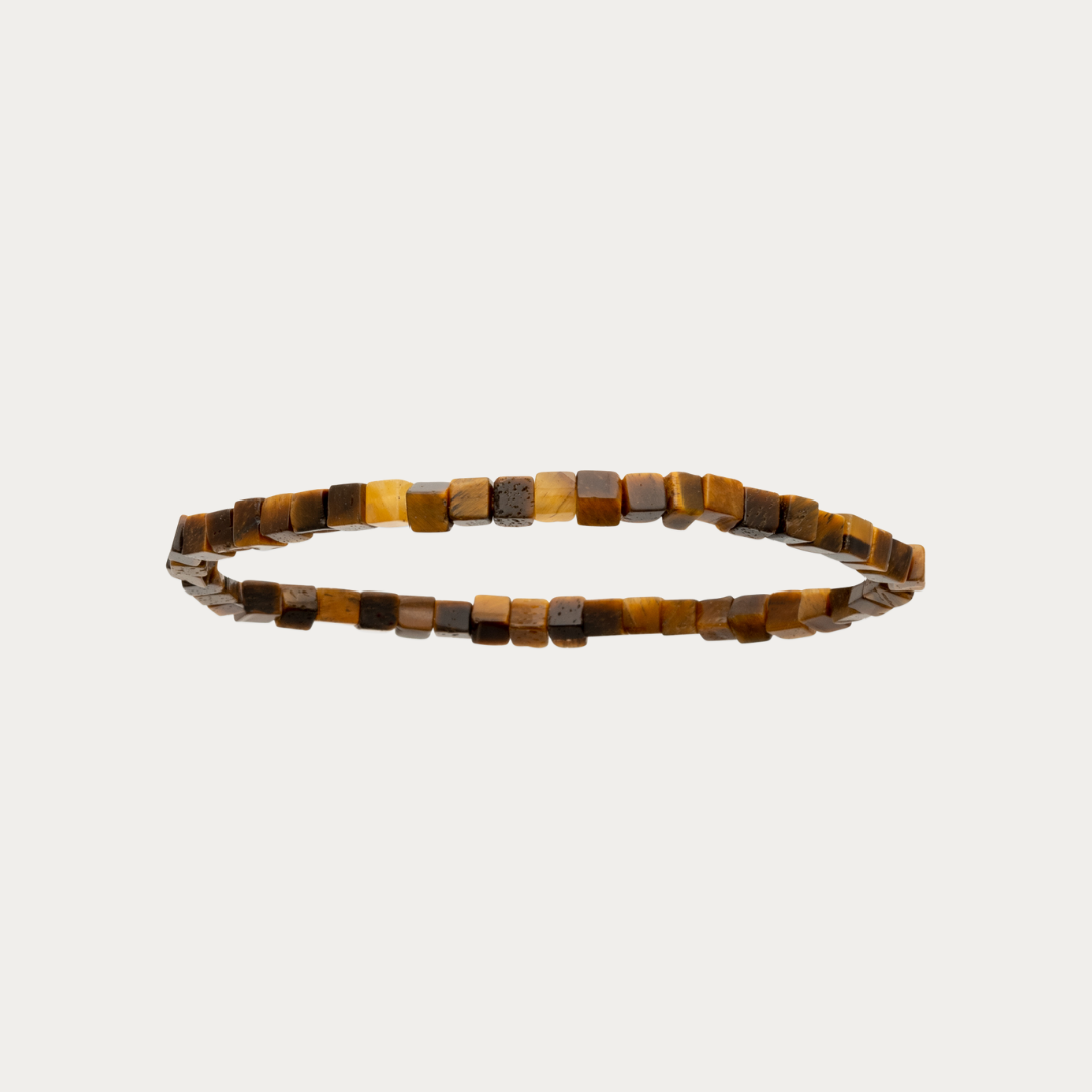 Vente bracelet élastique robuste avec de nombreuses petites pierres naturelles Oeil de Tigre carrées.