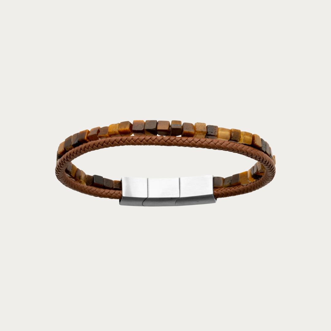 Le bracelet pour homme en cuir et en pierre naturelle Oeil de Tigre est parfait pour une tenue chic et décontracté.