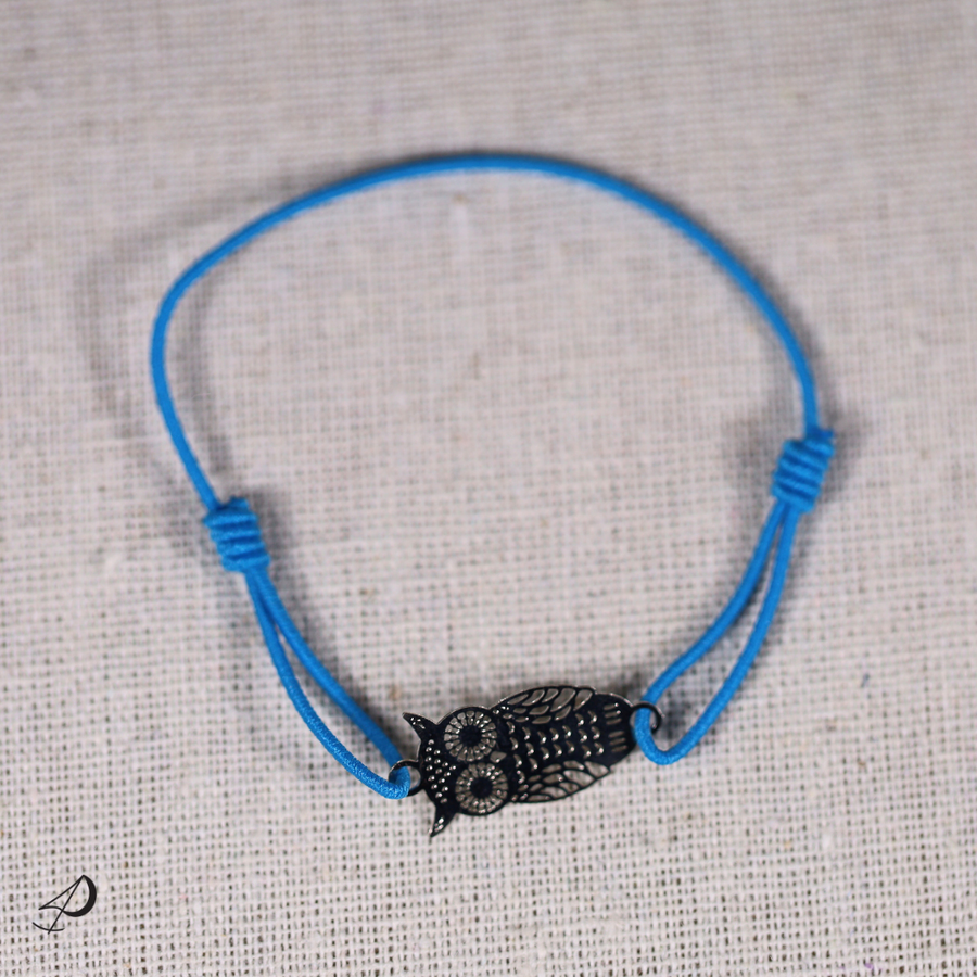 Bracelet élastique Chouette bleu avec pendentif argenté